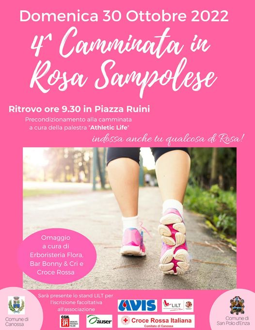VOLONTINO: Domenica 30 Ottobre 2022 4ª Camminata in Rosa Sampolese  Ritrovo ore 9.30 in Piazza Ruini  Precondizionamento alla camminata a cura della palestra "Athletic Life  indossa anche tu qualcosa di Rosa  Omaggio a cura di Erboristeria Flora. 